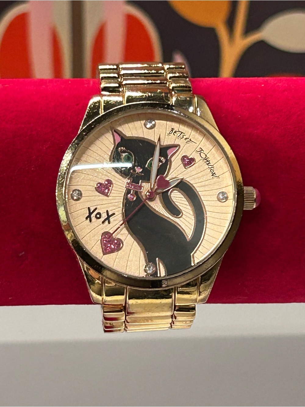 Betsey Johnson gold tone black cat watch. Fresh battery works.